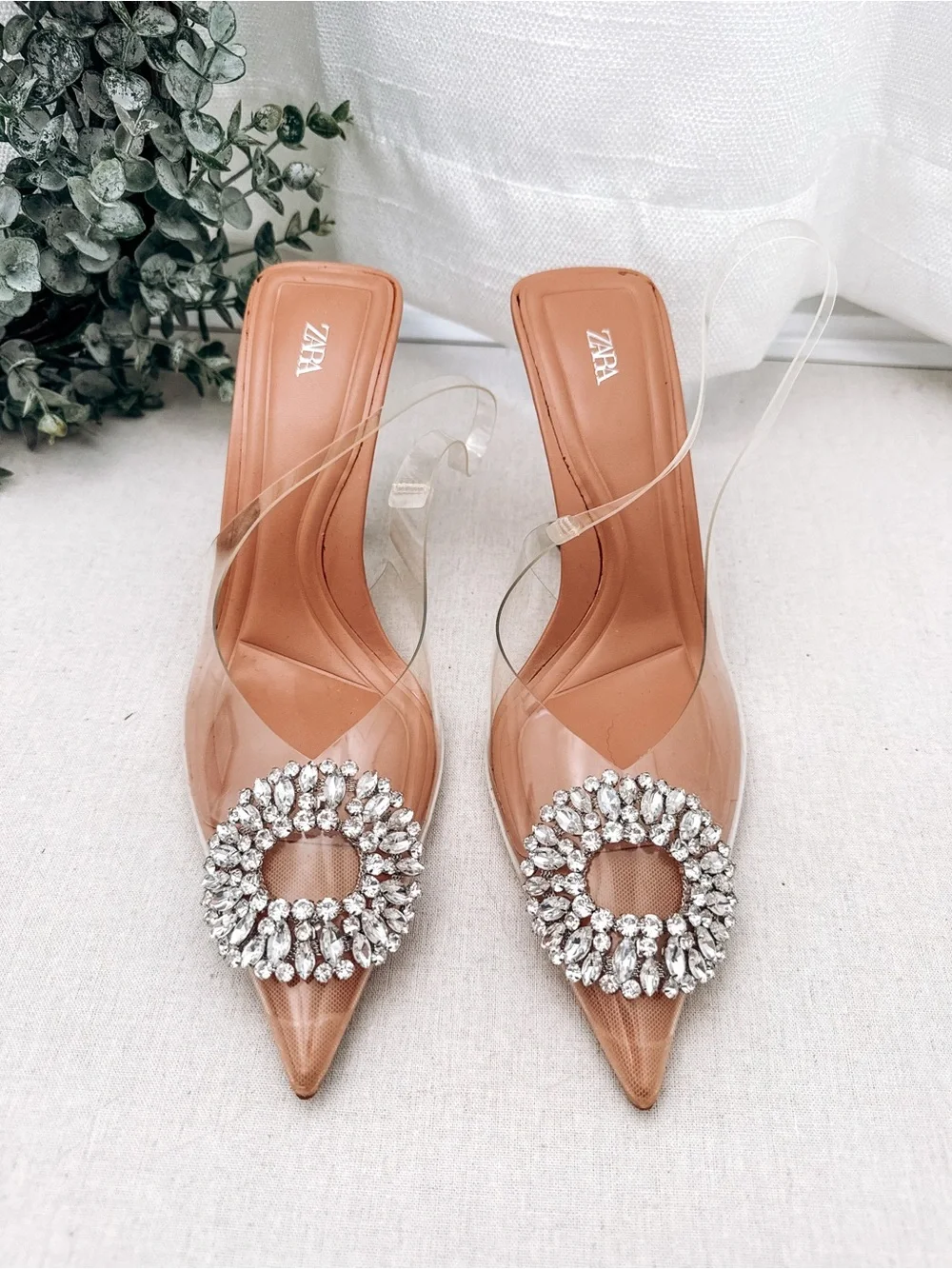 Zara Clear Rhinestone Pointed Toe Kitten Heel Mules Size US 9| EU 40
